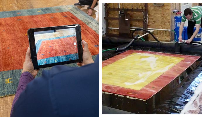 inspecting and cleaning rug