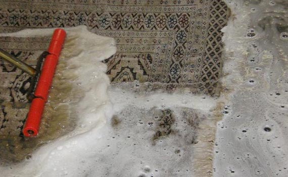 cleaning rug with brush